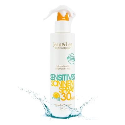 Jean & Len Sensitiv Sunspray 30 SPF waterproof, per pelli sensibili e allergiche al sole, senza siliconi, nanoparticelle, octocrilene, microplastiche, oli minerali, vegan, flacone spray 250 ml