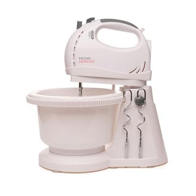 Kitchen Perfected Electric Stand Mixer with Bowl, 2L, 300W, Tilting Stand and Whisks and Dough Hooks, 5-Speed Hand Mixer with Turbo Function - E5434WH