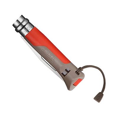 Opinel - N°08 Coltello Outdoor Multifunzionale - Lama di 8,5 cm in Acciaio Inossidabile, Manico in Polimero e Fibra di Vetro - Zona Seghettata, Disclavator, Fischietto - Terra-Rossa