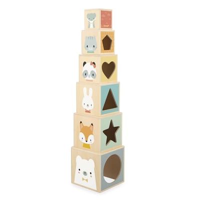 Janod Pirámide de Madera 6 Cubos apilables-Juguete para apilar y Encajar-Desarrolla la destreza y la imaginación-Primeros años-A Partir de 12 Meses (JURATOYS J05147)