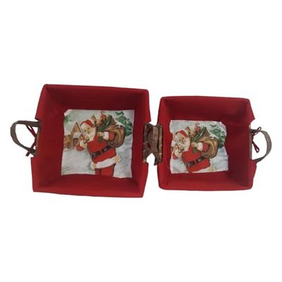 Comarco Sa Lot de 2 paniers carrés en osier et tissu imprimé Père Noël 21 x 21 x 8 cm / 24 x 24 x 9 cm