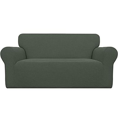Easy-Going Stretch Loveseat Slipcover 1-Piece Sofa Cover Furniture Protector Couch Soft with Elastic Bottom for Kids Polyester Spandex Jacquard Fabric Small Checks(Loveseat, Olive Green)