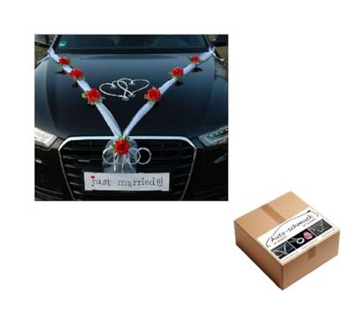 Autoschmuck Decoração de carro (tecido de organza com rosas de vime) para carros de noivos (vermelho e branco)