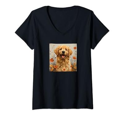 Mujer Golden Retriever Cute Puppy Corazón Y Flores Gráfico Camiseta Cuello V
