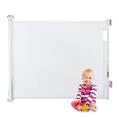 Relaxdays Extendable Stair Gate, Opening Width 70-180 cm, Wall-Mounted, for Children & Pets, Door Safety Mesh, White, 86 x 191 x 9 cm