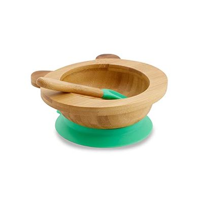 Greenbox bambumugg set panda I sugkoppsskål med sked – FSC-certifierad I bra bambu träskål-set för barn – baby gröt skål och flingskål I baby bambu porslin grön