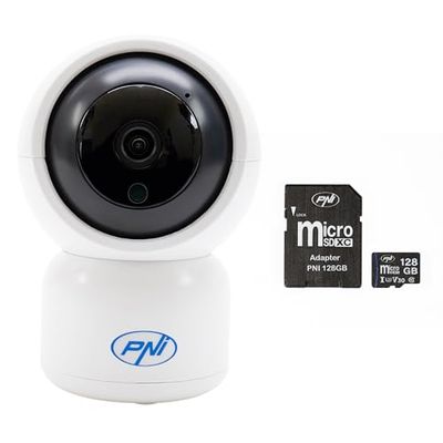 PNI IP390T 1080P - Kit telecamera di sorveglianza con PTZ WiFi H264 + scheda di memoria MicroSD da 128 GB con adattatore SD