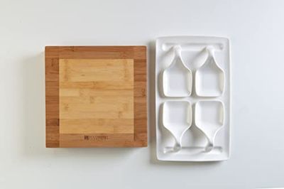 DEAGOURMET Voorgerecht en aperitief servies met snijplank van 100% natuurlijke bamboe en 4 versnellingen set met dienblad van fijn wit porselein