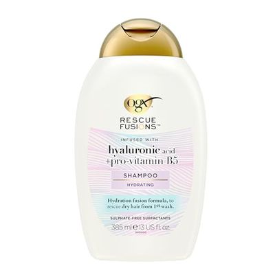 OGX Rescue Fusions Hydrating Shampoo, Hyaluronic Acid with Pro-Vitamin B5, Reduces Dry Hair from the First Wash, Sulfate Free, 385ml