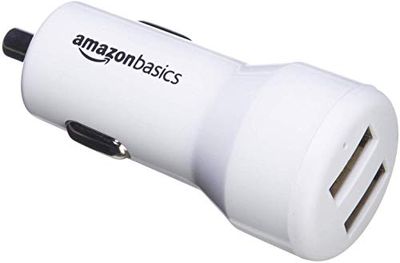 Amazon Basics Carregador de carro, de 4,8 A / 24 W, 2 portas USB, para dispositivos Apple e Android, branco