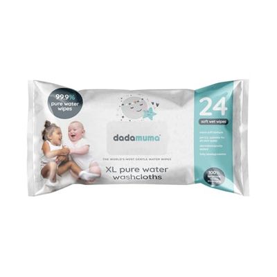 Dadamuma - 99.9% Pure Water XL Washcloths (Pack x 24 wipes), Natural Ingredients, Large Body Wipe, Dermatologically Tested, Plastic-Free, Biodegradable, Rinse Free. Ideal for Camping, Post-surgery