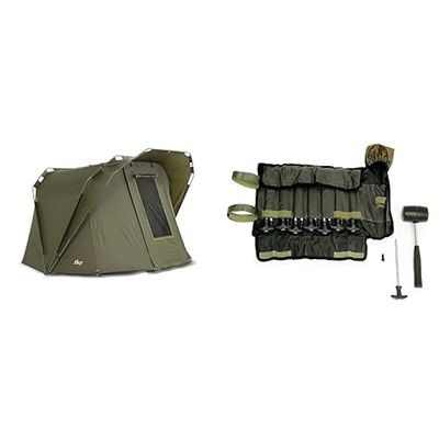 Lucx® Coon Bivvy Karpertent voor 2 personen, 1 tot 2 personen, carp dome, 10.000 mm & Lucx mannenharingenset 14-TLG + rubberen hamer tentaccessoires, olijfgroen, large