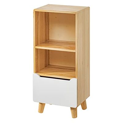 Baroni Home Scaffale, Libreria, Libreria Scaffali con Cassetto, Mobile Bagno, Ingresso, Soggiorno, Cucina, Mobiletto Multiuso, con 2 Ripiani in Legno e un Cassetto Bianco, Misure 38X38X114 cm