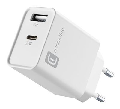 Cellularline - Multiport Charger PD 20W - Caricabatterie con due porte - Porta USB-C 20W PD - Porta USB-A 18W - Compatibili con tutti gli smartphone - Bianco