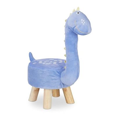 Relaxdays Djurpall Dino för barn, plyschöverdrag, rund, sittplats barnrum, barnpall djurmotiv, blå, 57 x 28 x 57 cm