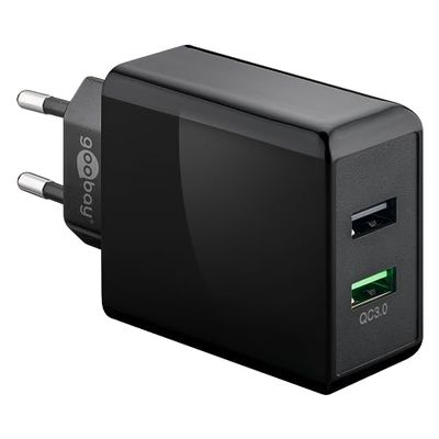 goobay 44956 2X USB Quick Charge (QC 3.0) oplader 28W / snellader laadt tot 4x sneller/adapter voor iPhone laadkabel, Samsung oplaadkabel en andere smartphone/zwart