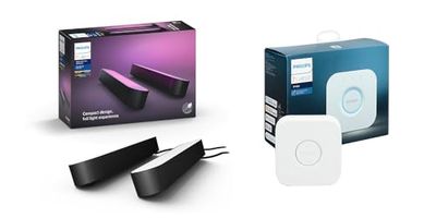 PHILIPS Hue Play Lampada LED Connessa, Unità Base con Alimentatore, 2 Pezzi, Nero + Hue Bridge 2.0, Centro di Controllo del Sistema Hue, Bianco