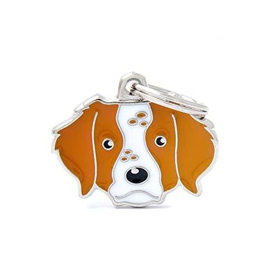 MyFamily Medaglietta per Cane Personalizzata Made in Italy, Breton, Targhetta Cane con Incisione Gratis, Smaltata a Mano in Metallo, Collezione Friends, 36x28 mm