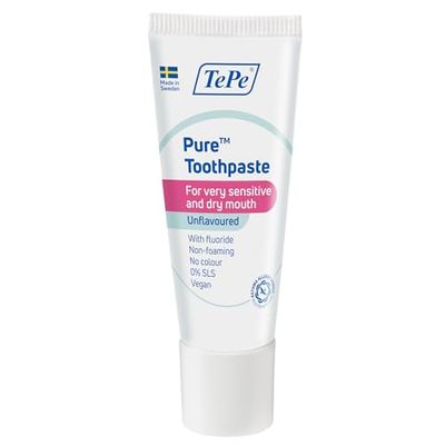 Dentifrice TePe Pure, sans parfum, très doux pour un usage quotidien, conçu pour les gencives très sensibles et la bouche sèche, taux de fluor adapté à l'âge.
