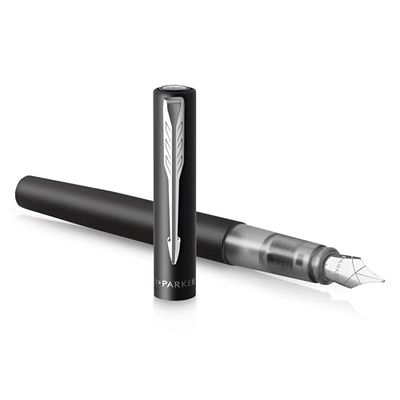 Parker Vector XL Fountain Pen | Metallic Black Lacquer on Brass | Medium Nib with Blue Ink Refill | Gift Box