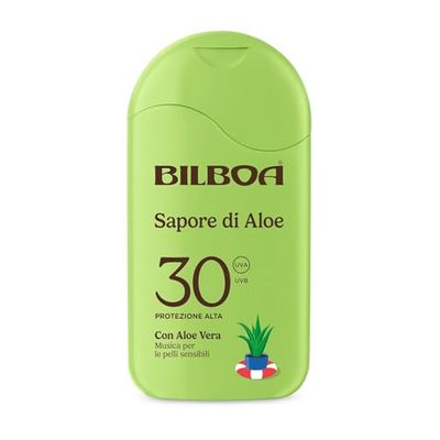 Bilboa Sapore di Aloe Latte Solare SPF 30, con Aloe Vera, Musica per le Pelli Sensibili, Resistente all'Acqua, Dermatologicamente Testato - 200 ml