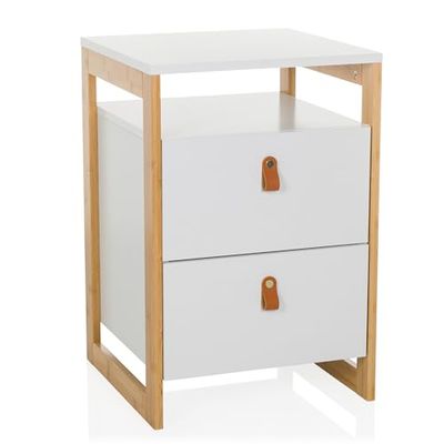 hjh LIVING Table de Nuit avec 2 tiroirs TAROLO III Table d'appoint avec Plateau Ouvert, poignée en Similicuir, Armoire avec Cadre en Bambou, Blanc