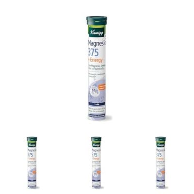 Kneipp Magnesium 375 + Energy, Complemento de Magnesio, Vitamina B12, Selenio y Zinc, Reduce el Cansancio, Aporta Enería y Aumenta las Defensas, Efervescentes, 15 Comprimidos (Paquete de 4)