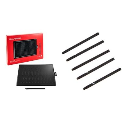 Wacom One by Wacom (Taille: M) par CTL-672-N - Tablette créative avec Un Crayon, Noir/Rouge - Idéal pour Le télétravail et la Formation en Ligne & ACK-20001 Stylo Standard, Noir 5 pcs