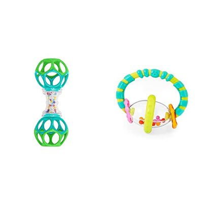 Bright Starts, Oball, sonajero con texturas y bolas multicolor, juguete de motricidad para bebés, fácil de agarrar, ideal para viajar, desde recién nacido + Grab & Spin, Sonajero mordedor