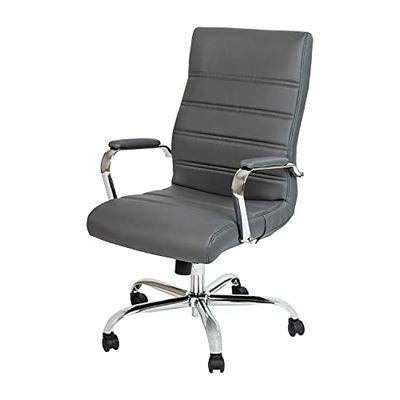 Flash Furniture Krzesło biurowe z wysokim oparciem z metalowymi podłokietnikami, skóra, szara skóra, miękka/chromowana rama, zestaw 1 szt