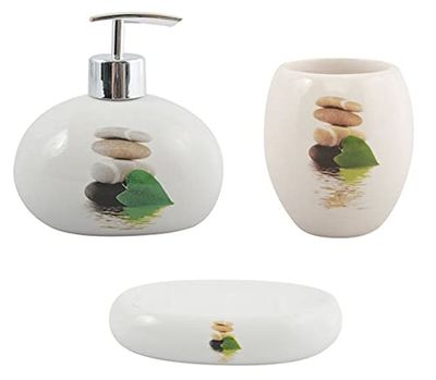 MSV Badkameraccessoires keramiek 3-delig - zeepdispenser, zeepbakje, tandenborstelbeker Lingga wit