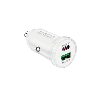 SBS Caricabatterie Auto Mini, Power Delivery 20W, Ricarica Rapida, Adaptive Fast Charge (AFC), Led di Stato, USB-C, USB-A, Presa 12V, per Iphone, Ipad, AirPods, Samsung, Smartphone, Tablet, Bianco
