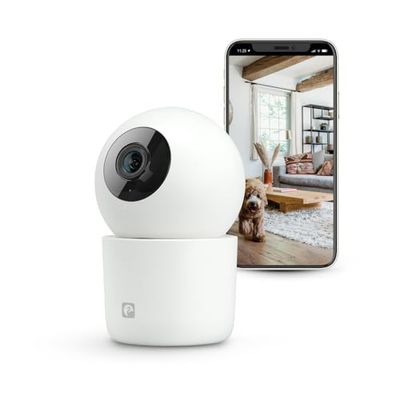 Garza Telecamera di Sorveglianza Interna IA a 360° IP WiFi 2.4GHz, 1440P 2.5K, Quad HD, Visione Notturna, Rilevatore IA, Persone, Animali, Rumori, Controllo Remoto tramite App, Bianco,