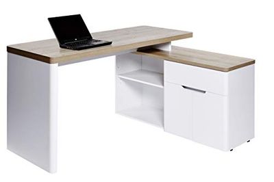 Marca Amazon - Movian Olton - Mesa de canto com 1 gaveta e 2 portas, 140 x 117 x 77 cm, carvalho de Rivieira e branco fosco