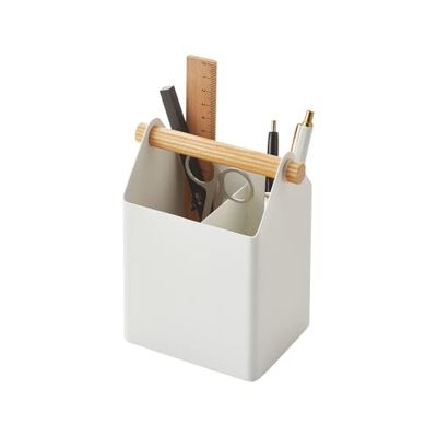 Yamazaki 4151 TOSCA Pen Stand, white, Steel/Wood, Minimalist, 12 x 8.5 x 14.5 cm