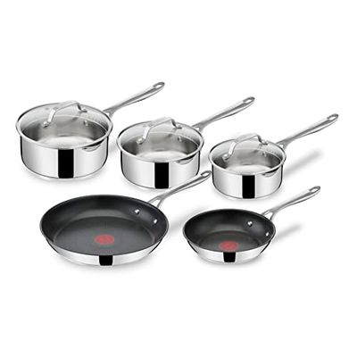 Tefal Jamie Olivers Cook's Direct Inox Batterie de cuisine 8 pcs, 2 poêles, 3 casseroles + couvercles, Revêtement antiadhésif, Indicateur de cuisson, Poignée sûre rivetée, Induction E304S544