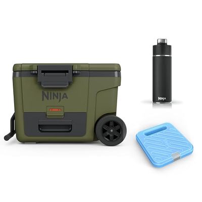 Ninja FrostVault geïsoleerde koelbox voor zwaar gebruik met Ninja Thirsti-fles en groot ijspak, premium koelbox met wielen en geïntegreerde koellade voor droge zones, olijfgroen, FB245AMZEUUKGN