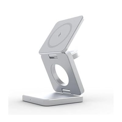 WatioWave 2-i-1 trådlös laddare, magnetisk laddningsstation kompatibel med 15/14/13/12 serier, kompatibel med Watch 9/8/7/6/SE/5/4/3, AirPods 2/3/Pro