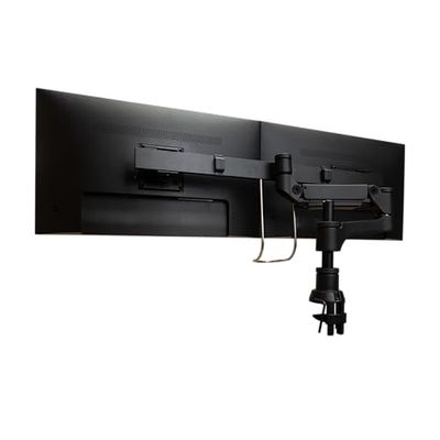 R-Go Caparo Mointor Arm smartbar, monitorhållare för 2 bildskärmar, gasfjäderarm, bordsfäste med C-klämma, för 13–32 tums skärm, 9 kg lastkapacitet per arm, VESA75/100, matt svart/silver