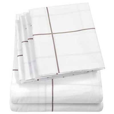 Queen lakan vit – 6 delar 1500 Supreme-kollektionen fin, borstad mikrofiber, djupa fickor, queen lakanset, sängkläder – 2 extra örngott, queen, vit (Window Pane White)