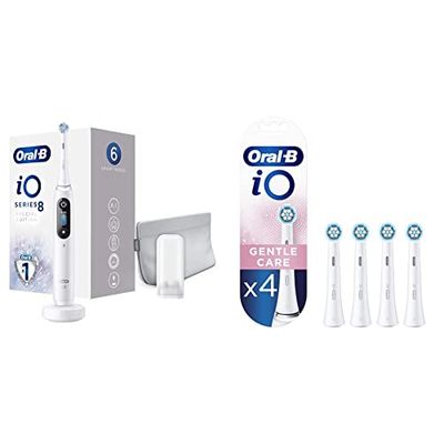 Oral-B iO Series 8 Brosse à Dents Électrique Rechargeable avec 1 Manche Intelligence Artificielle, 1 Brossette et 1 Pochette, 5 Modes & iO Gentle Care, Embout, Pack de 4 Brossettes de rechange, Blanc