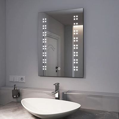 EMKE Specchio da bagno con illuminazione, 50 x 70 x 3,9 cm, specchio da parete con interruttore touch, specchio da parete con illuminazione, luce bianca fredda, IP44, a risparmio energetico