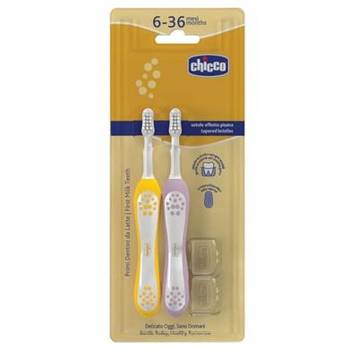 Chicco Kindertandenborstelset, met afgeronde kop, zachte borstelharen, zacht voor tandvlees en tanden, grote antislip handgreep, incl. borstelafdekking, 6-36 maanden, 2 stuks, baby meisje