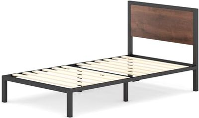 Zinus Mory Lit 90x190 cm - Hauteur du cadre de lit 30 cm - Plate-forme en métal et bois avec tête de lit - Marron