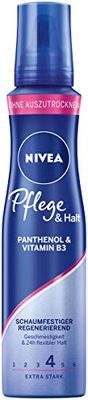NIVEA Cura e tenuta schiuma extra forte (150 ml), schiuma nutriente con pantenolo e vitamina B3, schiuma volumizzante per acconciature flessibili con tenuta 24 ore