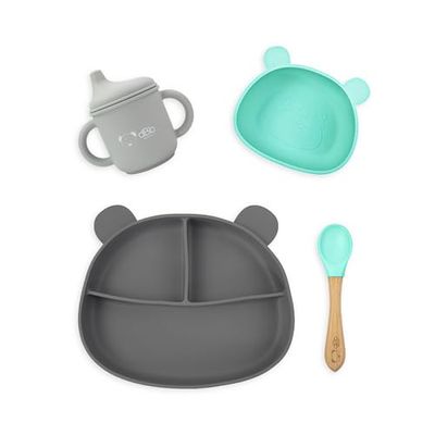 dBb Remond - Set de comida para bebé, silicona, 1 plato compartimentado con ventosa, 1 cuenco de 370 ml, 1 taza de 150 ml con pico chupador y 1 cuchara, caja de comida para bebé de 1ª edad