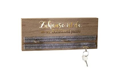 GILDE Portallaves decorativo moderno para la pared con texto en alemán – de madera MDF marrón con fieltro gris – Llavero – Almacenamiento de llaves Longitud 34 cm