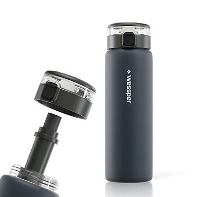 WESSPER Vattenflaska av glas, 680 ml med vattenfilter, BPA-fri läckagesäker glasflaska med aktivt kolfilter, vattenflaska med skruvlock för gym, fitness, skola, kontor – grå