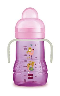 MAM Trainer Night beker met Skinsoft-siliconen zuiger, lekvrij, gemakkelijk vast te pakken, met lichtgevende handgrepen in het donker, vanaf 4 maanden, 220 ml, roze
