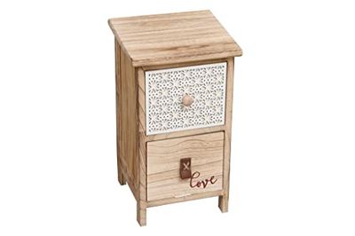 MIMBRE NATURAL CAJONERA Love - 2 CAJONES-Cajonera romántica de Madera Natural con Dos cajones, uno de Ellos con la Palabra `Love´ y el Otro con Estampado geométrico. (25×25×42.5)